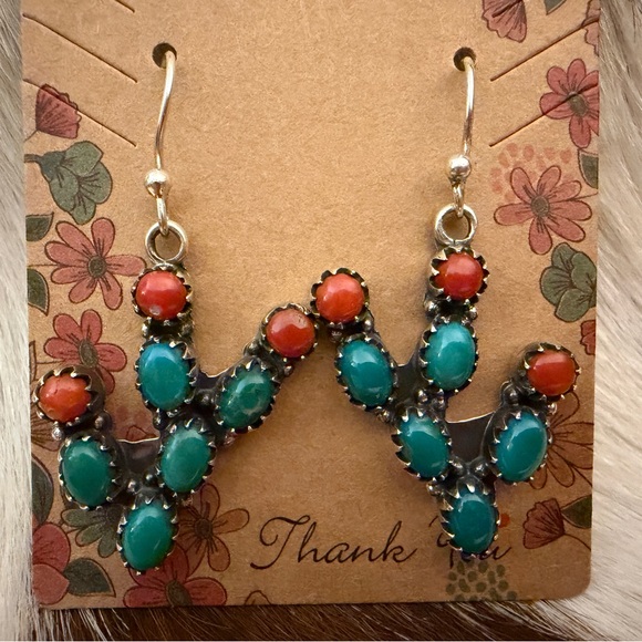 Southwest Jewelry - ❤️Kingman Turquoise Italian Coral Prickly Pear Cactus 925 Dangle Earrings 1.70”L